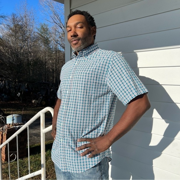 LL Bean Blue White Plaid Short Sleeve Shirt | Casual Cotton Shirt | Summer Shirt - Picture 3 of 11